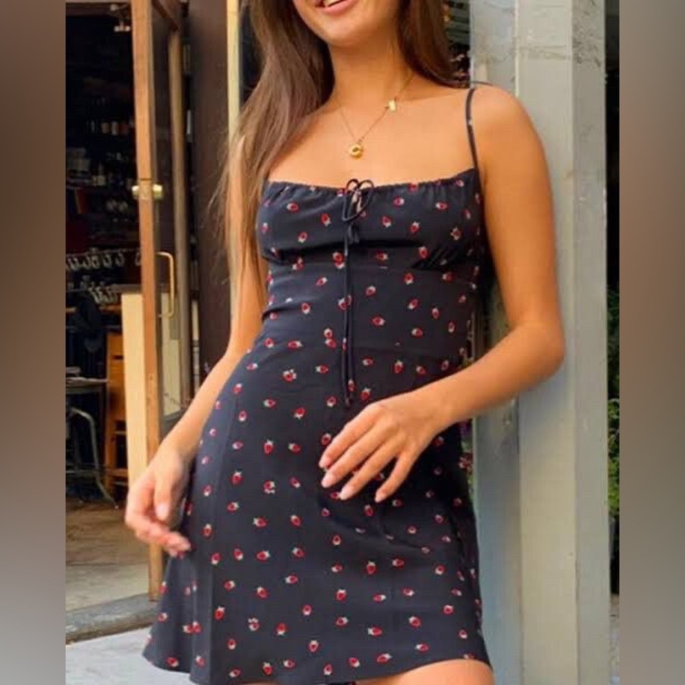 Realisation Par Black Mini Dress with Strawberry Print